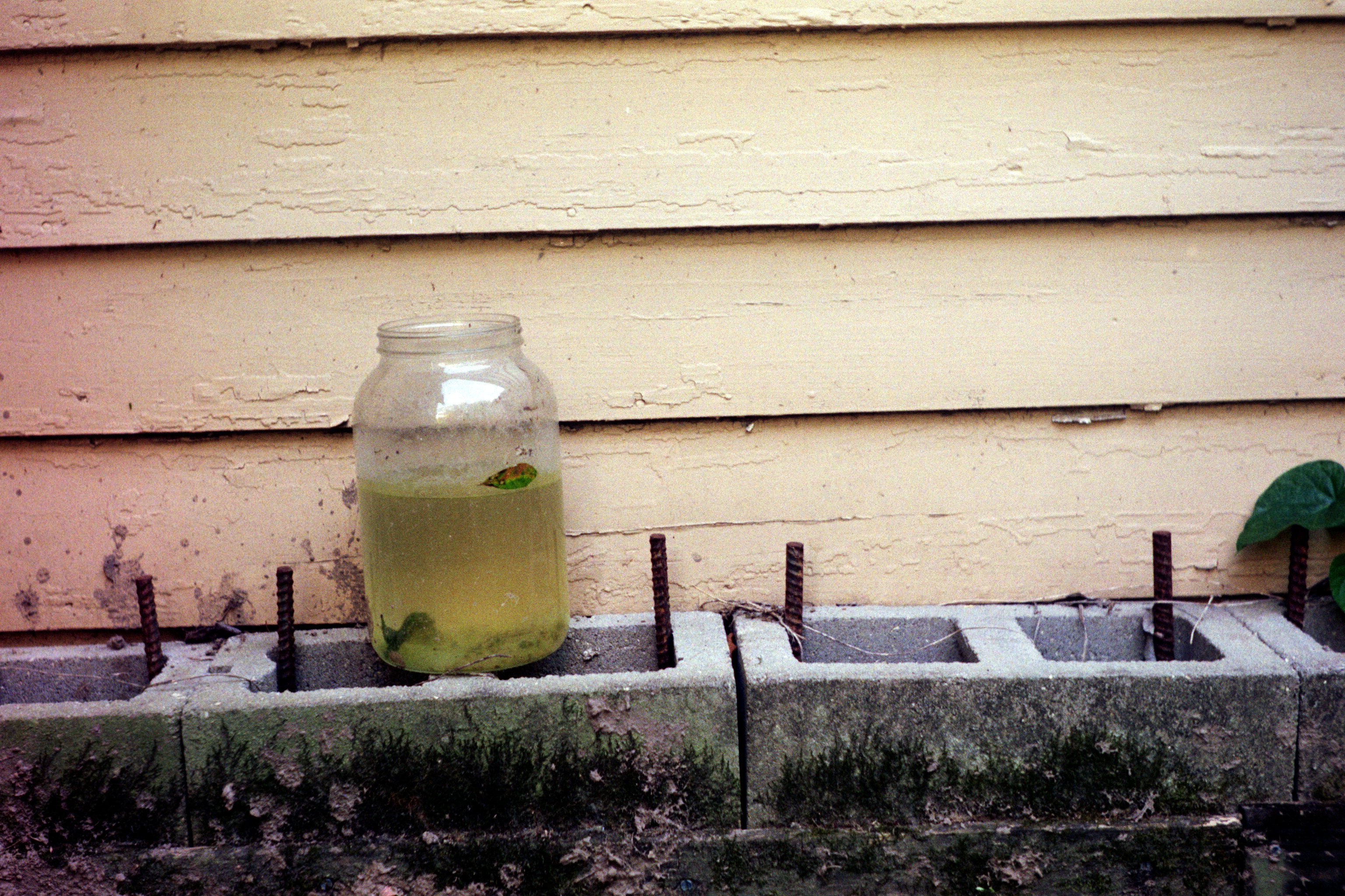 A jar filled with dirty water