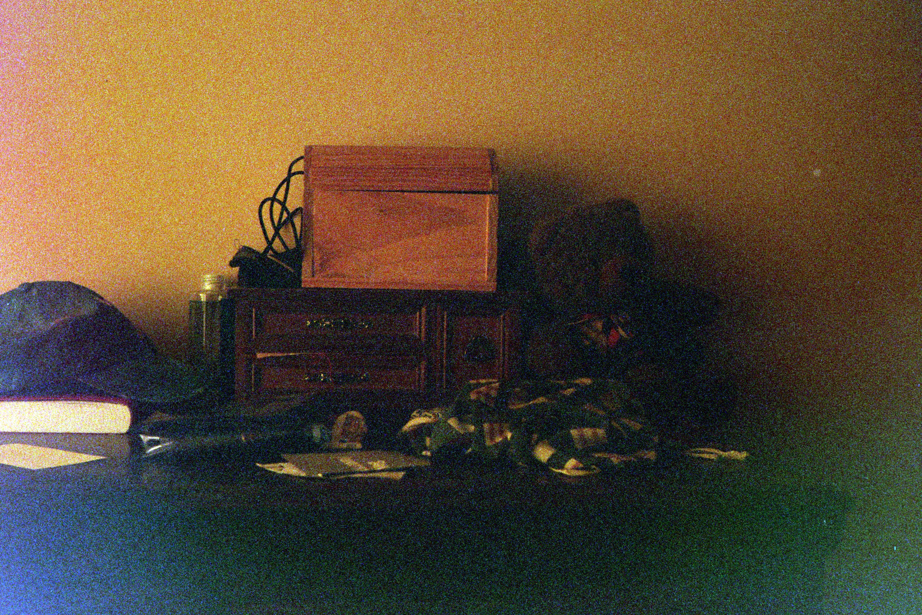 The top of my chest of drawers, featuring a keepsake box and Max